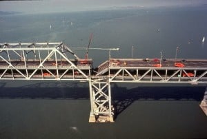 aerial shot of Oakland Bay Bridge damaged during Loma Prieta earthquake