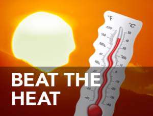 A sun and a thermometer with text that reads Beat the Heat.