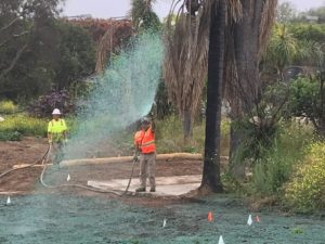 State contractors apply a virgin-based biodegradable mulch to a property in Malibu cleared of debris caused by the Woolsey Fire in order to prevent future erosion