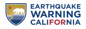 Text reading Earthquake Warning California with a logo of the California bear and ground broken by an earthquake.