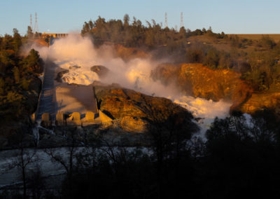The California Department of Water Resources continues to discharge 50,000 cubic feet per second (cfs) of water from the spillway to manage lake levels, water flow, and support construction activities.