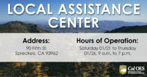 "Local Assistance Center" against a background image of mountains with the address and hours of operation in the foreground.