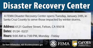 "Disaster Recovery Center" with the address and hours listed in the foreground and an image of FEMA trailers in the background.