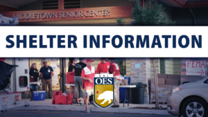 "Shelter Information" with an image of an emergency shelter in the background.