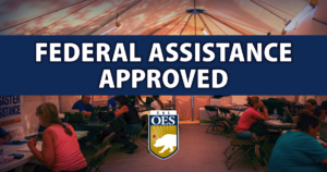 Disaster Recovery Center image with a blue block in the middle of the image. TEXT Reads: Registering for Federal Assistance with the Cal O E S in the center under the text box.