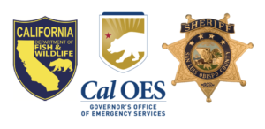 Logos for the California Department of Fish and Wildlife, California Governor's Office of Emergency Services, and San Luis Obispo County Sheriff's Office.