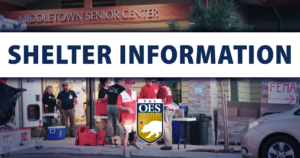 "Shelter Information" with an image of a congregate shelter at a senior center in the background.