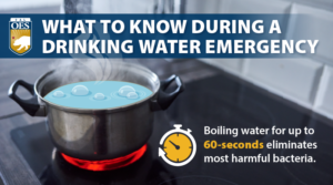 A graphic with the title, "WHAT TO KNOWE DURING A DRINKING WATER EMERGENCY." The title is on a blue bar at the top of the screen with a Cal O E S logo to the left. Below the title is a photo of a kitchen with a boiling pot, but the water is cartoon. On the bottom of the screen there is text, "Boiling water for up to 60-seconds eliminates most harmful bacteria."