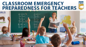 Classroom setting with students raising their hands and teacher pointing to a student. Text reads Classroom Emergency Preparedness for Teachers. There is a cal O E S logo in the top right corner
