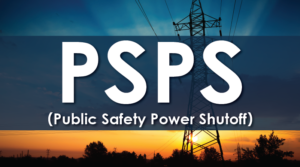 Image of a power line with text that reads P S P S Public Safety Power Shutoff