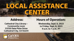 flooded road with stopped car and text that reads - Cathedral City Library - Community Room, 33520 Date Palm Drive, Cathedral City, CA 92234. Hours of Operation Wednesday, Sept. 6 to Friday, Sept. 8 2023, 9am to 7pm PT