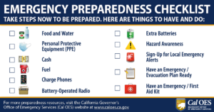 EMERGENCY PREPAREDNESS CHECKLIST TAKE STEPS NOW TO BE PREPARED. HERE ARE THINGS TO HAVE AND DO: Food and Water Personal Protective Equipment (PPE) Cash Fuel Charge Phones Battery-Operated Radio For more preparedness resources, visit the California Governor's Office of Emergency Services (Cal OES) website at www.caloes.ca.gov Extra Batteries Hazard Awareness Sign-Up for Local Emergency Alerts Have an Emergency/ Evacuation Plan Ready Have an Emergency / First Aid Kit Cal OES GOVERNOR'S OFFICE OF EMERGENCY SERVICES