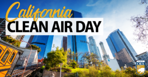 Image of buildings in a city against a blue sky with text that reads "California Clean Air Day."
