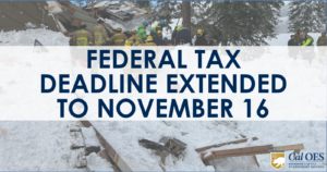 A graphic over a photo of snowy response efforts reading, "Federal Tax Deadline Extended to November 16"
