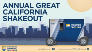 Graphic designed city in the background with a desing of the Shake Trailer and text that reads Annual Great California ShakeOut and the Earthquake Warning Clainfornia logo and the earthquake dot c a dot g o v and the news dot cal o e s dot c a dot g o v forward slash c a great shake out