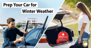 Imag of a man rplacing windshield wipers and a woman opening her vehicle trunk with an emergency kit inside.