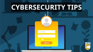 graphic of email being hooked by a fishing line from a laptop computer. Cybersecurity Tips. Cal O E S logo in bottom right corner