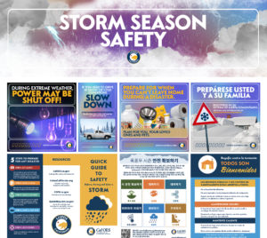 An image that says storm season safety. With examples of social media images related to Listos California collateral created.