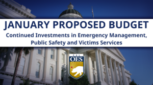 A graphic with the california state capitol in the background and the Cal OES logo that says January Proposed Budget – Continued Investments in Emergency Management, Public Safety and Victims Services