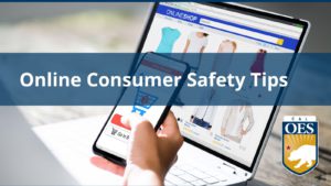 A person with a phone in their hand online shopping in front of a computer with online shopping options.