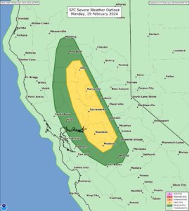 A picture of all Northern California in light green, representing thunderstorms, area from Redding to Merced covered in dark green to represent marginal risk and an area from Chico to Modesto shaded yellow to represent slight risk.