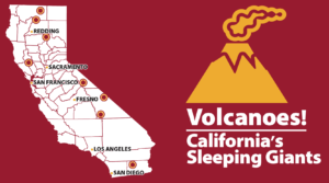 Graphic illustrating california. Locations of Volcanoes depicted by red dots. Text reads Volcanoes! Californias Sleeping giants