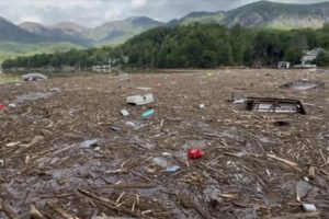 Flood debris from Hurricane Helene floats by in Rutherford County, N.C., Sunday, September 29, 2024. Source Associated Press.