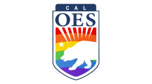 Cal OES' logo with a rainbow background for Pride Month