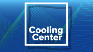 The phrase "Cooling Center" written in white on a blue and green background.