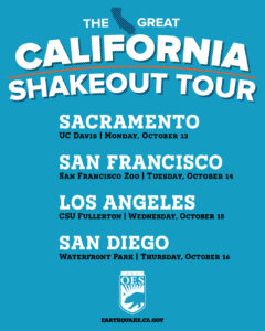 Blue graphic with text listing the four ShakeOut Tour locations- Sacramento, San Francisco, Los Angeles and San Diego.