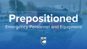 A swiftwater rescue vehicle with boat with text that reads prepositioned emergency personnel and equipment.