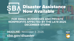 A flooded parking lot with text announcing disaster assistance from the SBA overlayed.