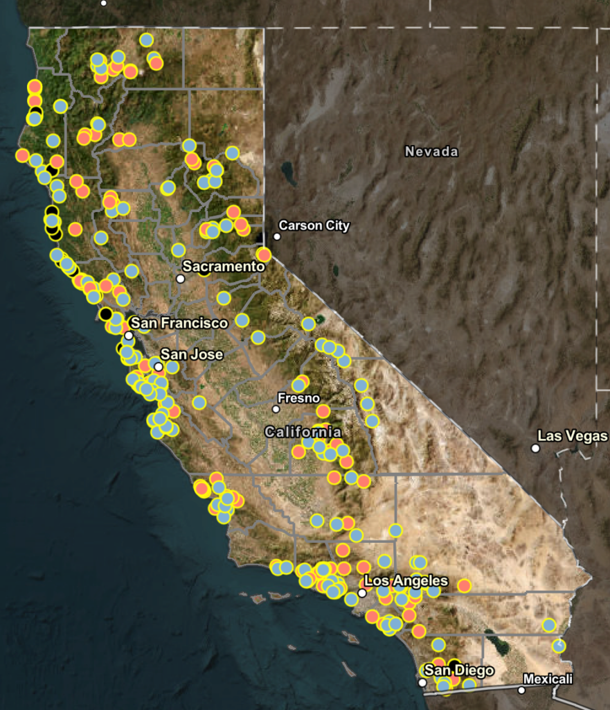 Map of California with dots